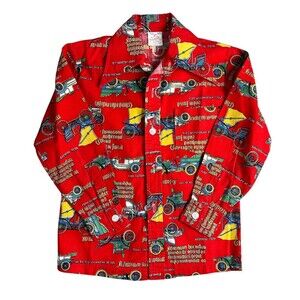 Vintage Boys Long Sleeve Button Red Antique Car Print Shirt  Size S  Rockabilly